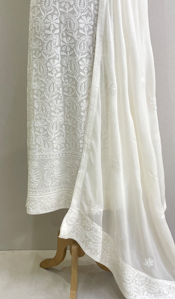 Women's Lakhnavi Handcrafted Pure Silk Georgette Chikankari Full Suit Fabric - HONCO177882