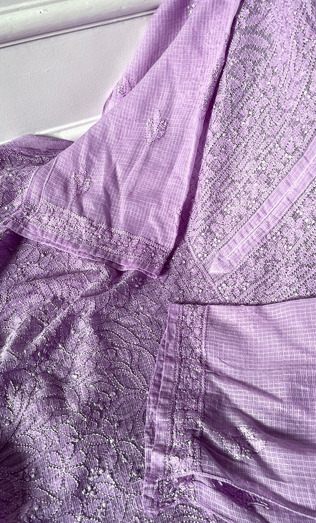 Women's Lakhnavi Handcrafted Kota Cotton Semi - Stitched Kurta And Dupatta Set- HONC0314210