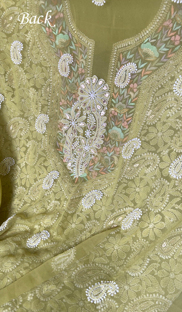 Women's Lakhnavi Handcrafted Unstitched Faux-Georgette Chikankari Suit Material - HONC0318463