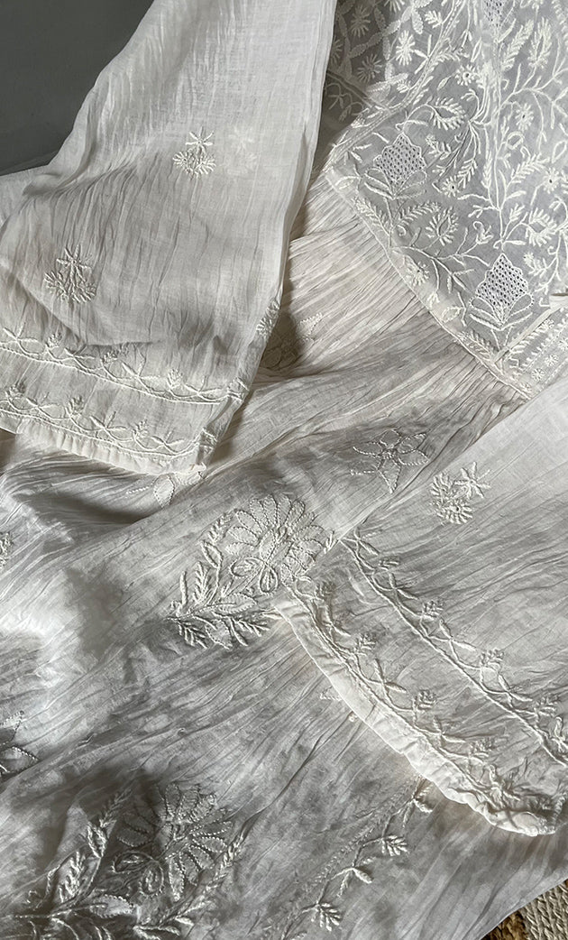 Women's Lakhnavi Handcrafted Mul Chanderi Semi - Stitched Angrakha And Dupatta Set- HONC0267146