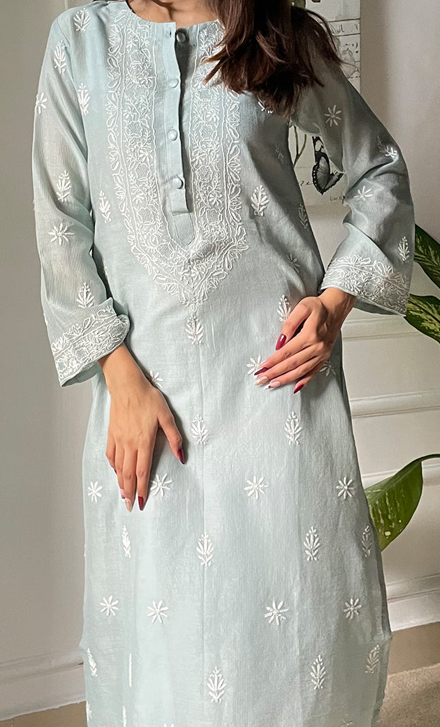 Amayra Women's Lucknowi Handcrafted Maheshwari Mul Chanderi Chikankari Kurti - HONC0300062