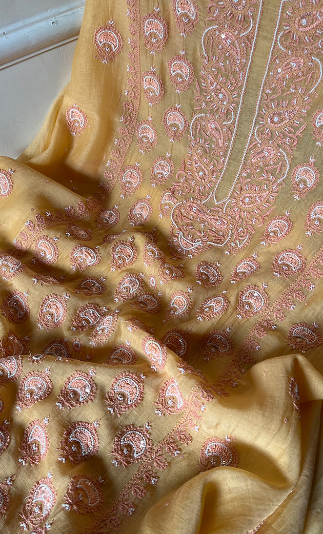 Women's Lakhnavi Handcrafted Mul Chanderi Unstitched Kurta And Dupatta Set - HONC0302234