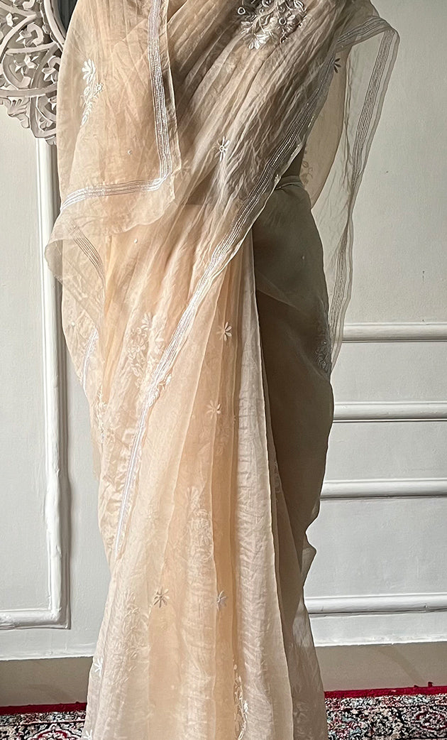 Women's Lucknowi Handcrafted Pure Organza Silk Chikankari Saree - HONC0321768