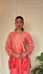 Anika Women's Lucknowi Handcrafted Chanderi Silk Chikankari Top with Farshi Salwar Set .