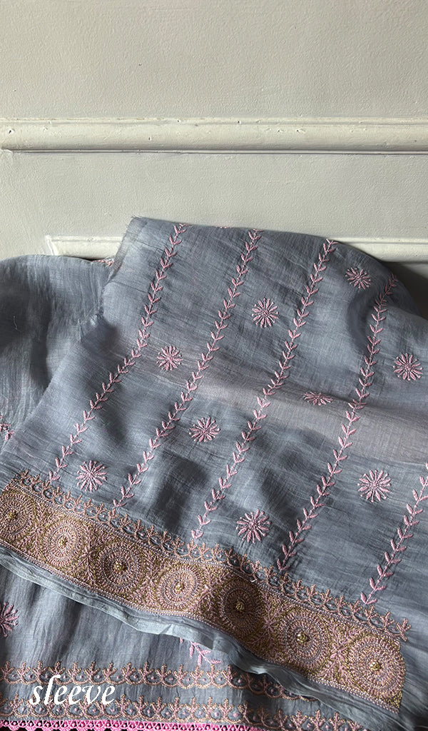 Women's Lakhnavi Handcrafted Mul Chanderi Unstitched Chikankari Full Suit - HONC0349091