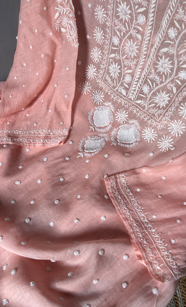 Women's Lakhnavi Handcrafted Mul Chanderi Semi - Stitched Kurta And Dupatta Set - HONC0307152