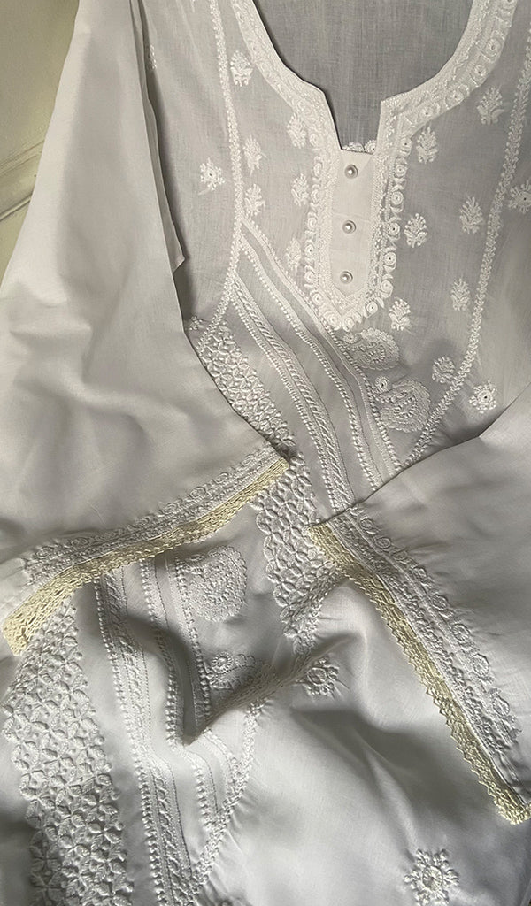 Women's Lakhnavi Handcrafted Cotton Chikankari Semi - Stitched Kurta And Kurta Dupatta Set - HONC0351913
