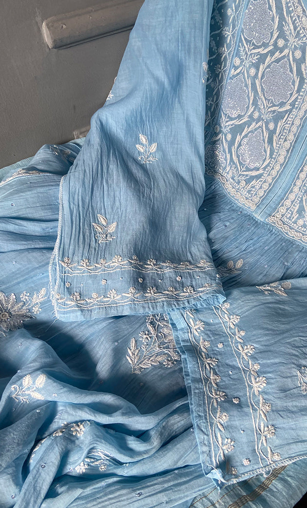 Women's Lakhnavi Handcrafted Mul Chanderi Semi - Stitched Anarkali And Dupatta Set- HONC0309530