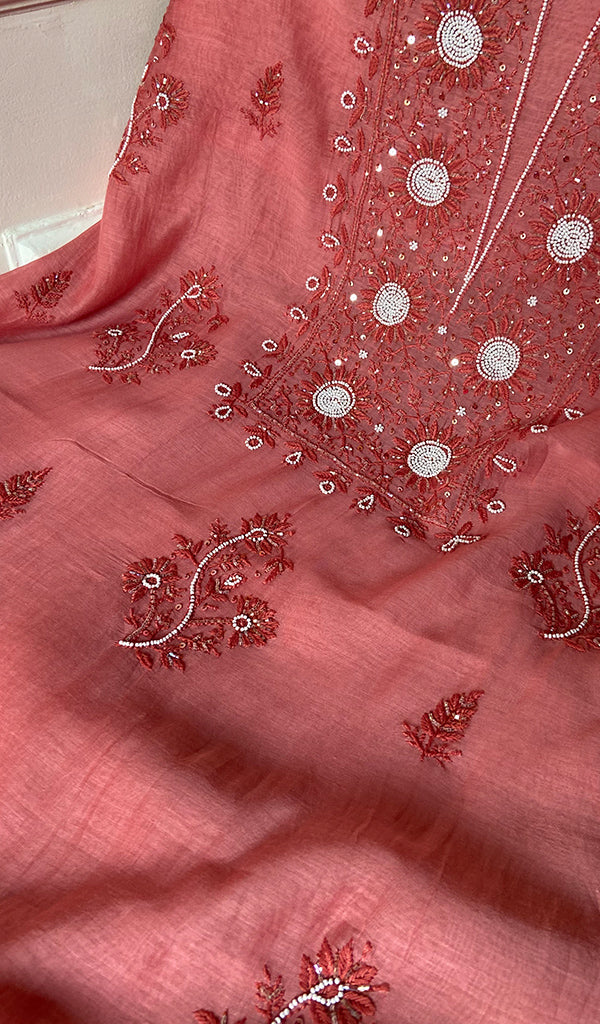 Women's Lucknowi Handcrafted Chanderi Silk Chikankari Full Suit Material - HONC0260950