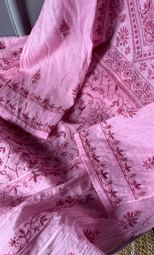 Women's Lakhnavi Handcrafted Mul Chanderi Semi - Stitched Angrakha And Dupatta Set - HONC0304464
