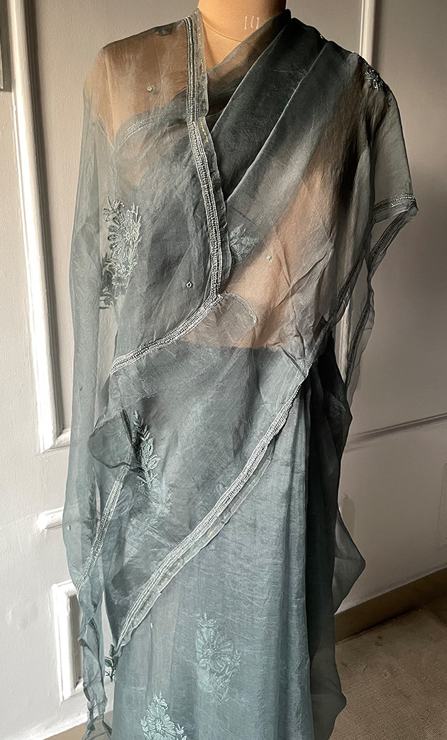 Women's Lucknowi Handcrafted Pure Organza Silk Chikankari Saree - HONC0277625
