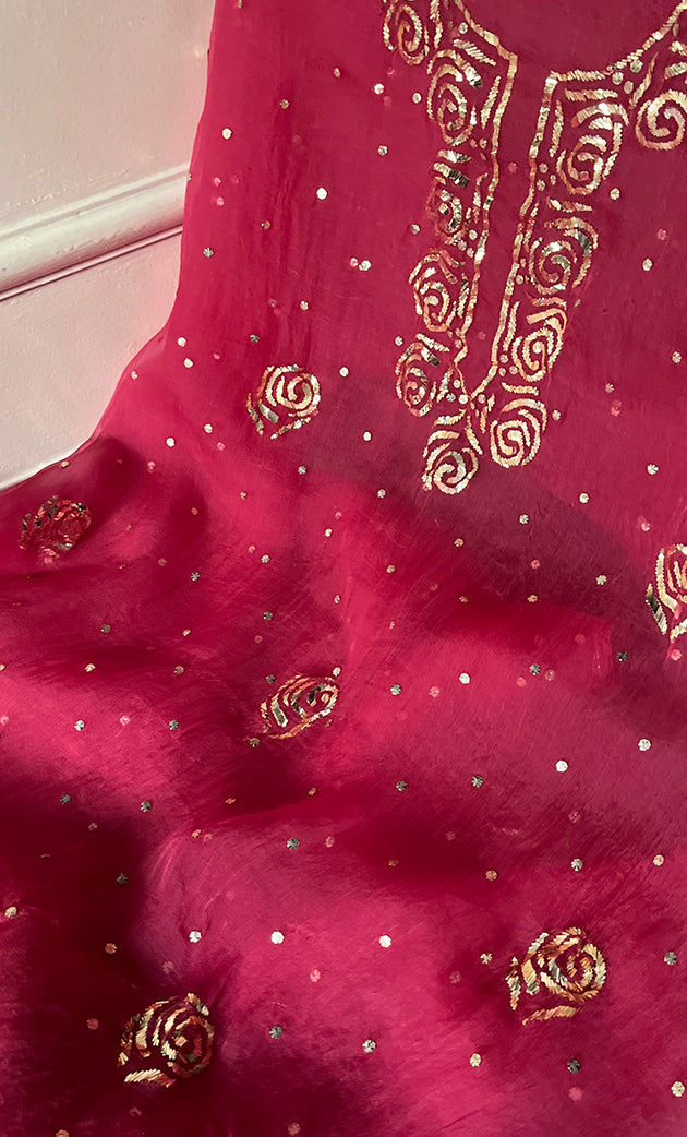 Women's Lakhnavi Handcrafted Pure Organza Chikankari Unstitched Kurta And Dupatta Set- HONC0334964