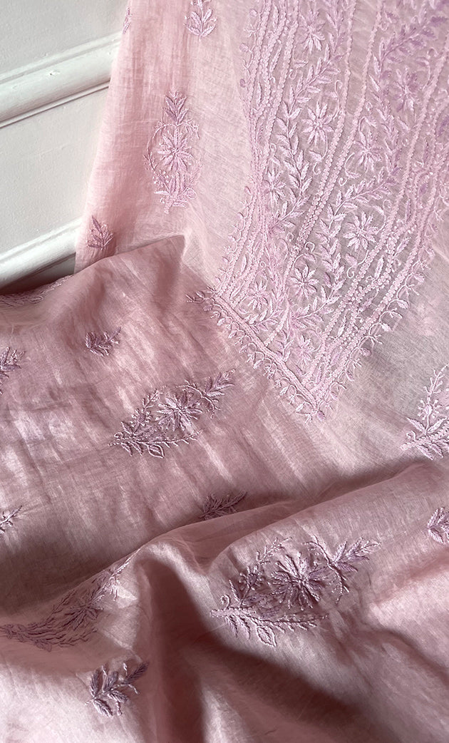 Women's Lakhnavi Handcrafted Mul Chanderi Unstitched Chikankari Full Suit Material - HONC0319532
