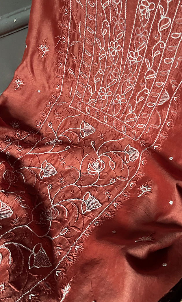 Women's Lucknowi Handcrafted Chanderi Silk Chikankari Full Suit Material - HONC0278002