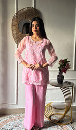 Load image into Gallery viewer, Women's Lucknowi Handcrafted Organza  Stitched Chikankari Kurta And Plazzo Set