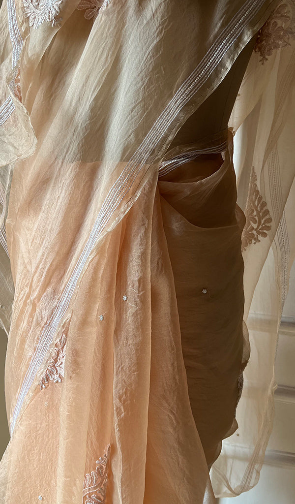 Women's Lucknowi Handcrafted Pure Organza Silk Chikankari Saree - HONC0280965