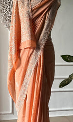 将图像加载到图库查看器中， Women's Lakhnavi Handcrafted Pure Silk Georgette Chikankari Saree - HONC0313294