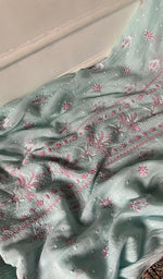 Turquoise Mul Chanderi Chikankari 2 Pc Unstitched Suit Set