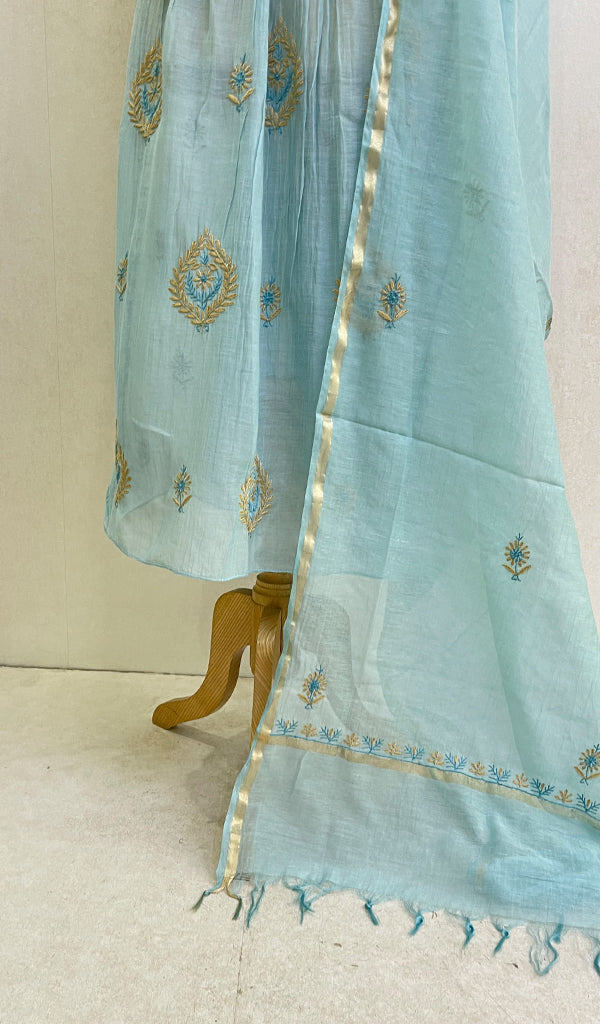 Women's Lakhnavi Handcrafted Mul Chanderi Chikankari Semi Stitched Kurta And Dupatta Set- HONC0135662