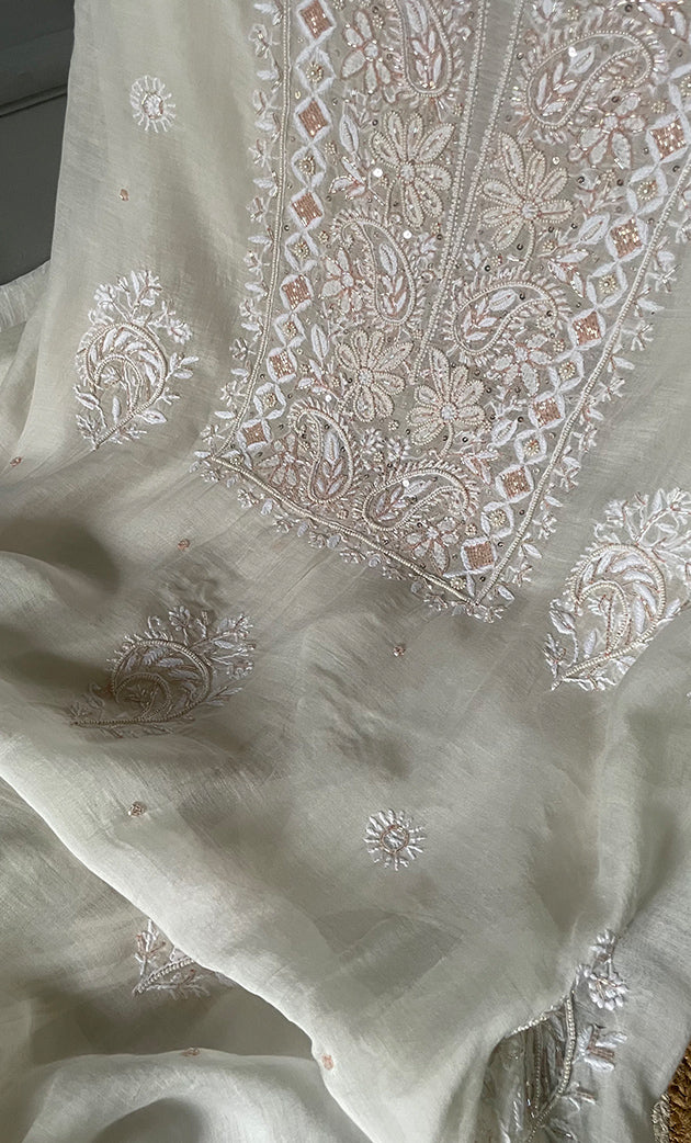 Women's Lakhnavi Handcrafted Mul Chanderi Unstitched Kurta And Dupatta Set- HONC0313318