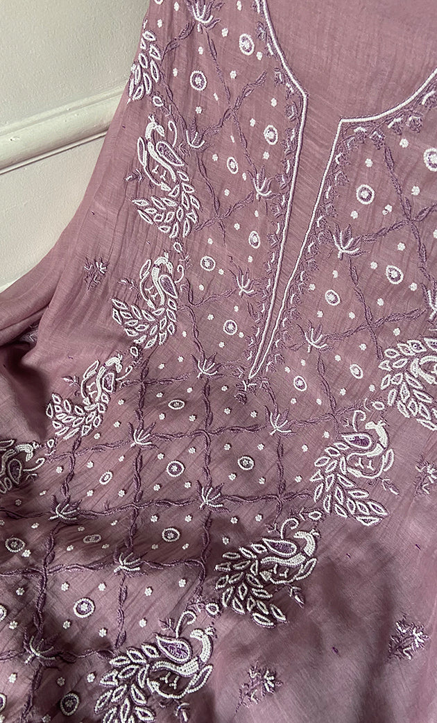 Shirin Women's Lakhnavi Handcrafted Mul Chanderi Unstitched Chikankari Full Suit Material - HONC0339566