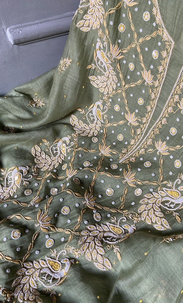 Women's Lakhnavi Handcrafted Mul Chanderi Unstitched Kurta And Dupatta Set- HONC0312987