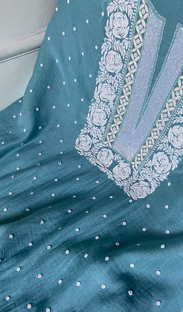 Jazba Women's Lakhnavi Handcrafted Mul Chanderi Unstitched Kurta And Dupatta Set - HONC0356294