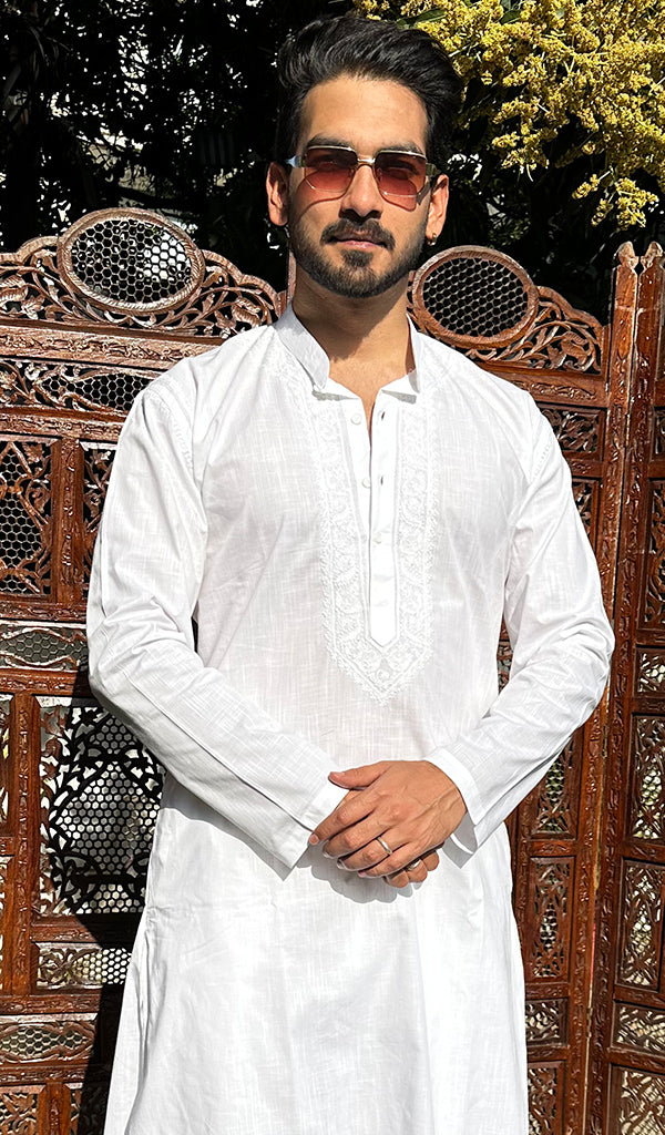 Men's Lucknowi Handcrafted Cotton Chikankari Kurta - HONC0337903