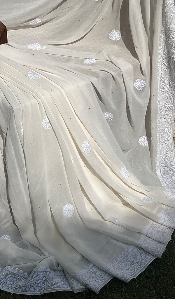 Women's Lakhnavi Handcrafted Pure Silk Georgette Chikankari - HONC0274174