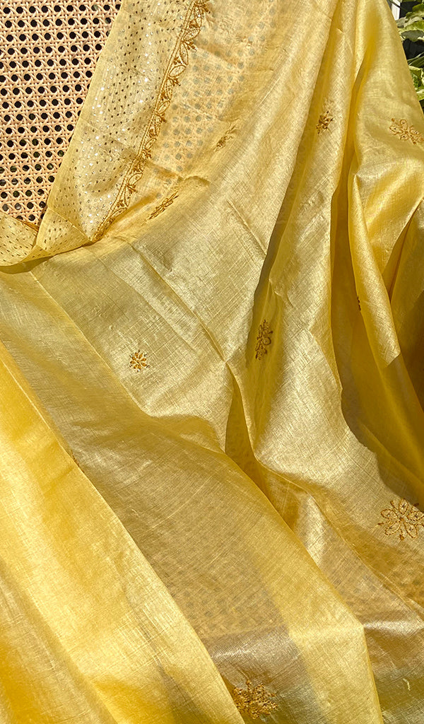 Women's Lakhnavi Handcrafted Tussar Silk Chikankari Saree - HONC0264385