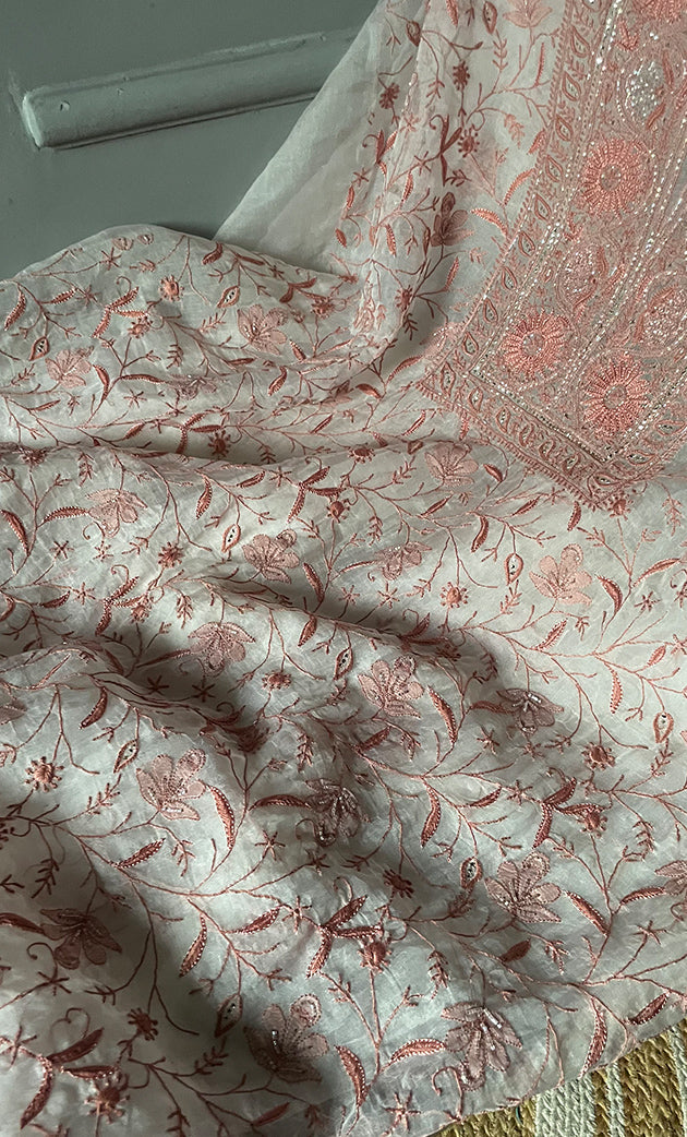 Women's Lakhnavi Handcrafted Pure Organza Chikankari Unstitched Kurta And Dupatta Set- HONC0294922