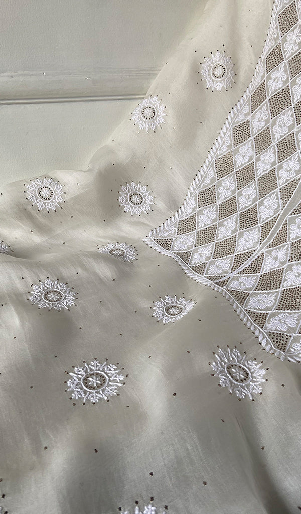 Women's Lakhnavi Handcrafted Pure Organza Chikankari Unstitched Kurta And Dupatta Set- HONC0341955