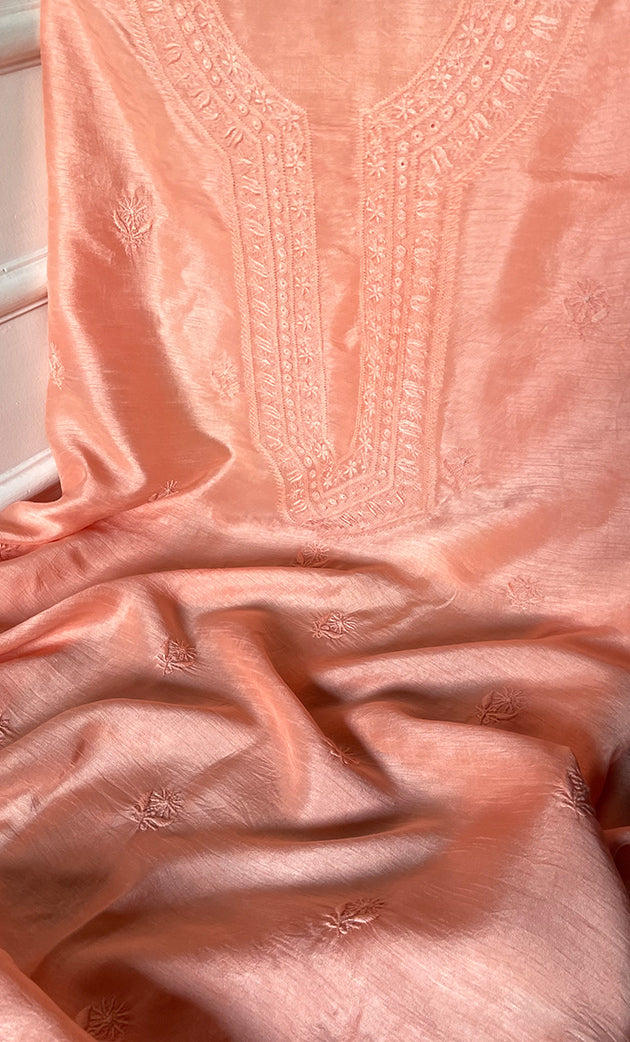 Lucknowi Handcrafted Raw Silk Chikankari Unstitched Men's Kurta Fabric - HONC0288528