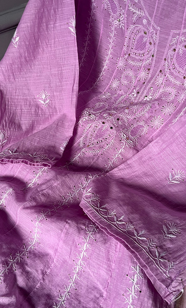 Women's Lakhnavi Handcrafted Linen Cotton Semi -Stitched Anarkali And Dupatta Set - HONC0273153
