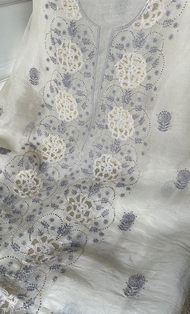 Women's Lakhnavi Handcrafted Pure Organza Chikankari Unstitched Kurta And Dupatta Set- HONC0311879