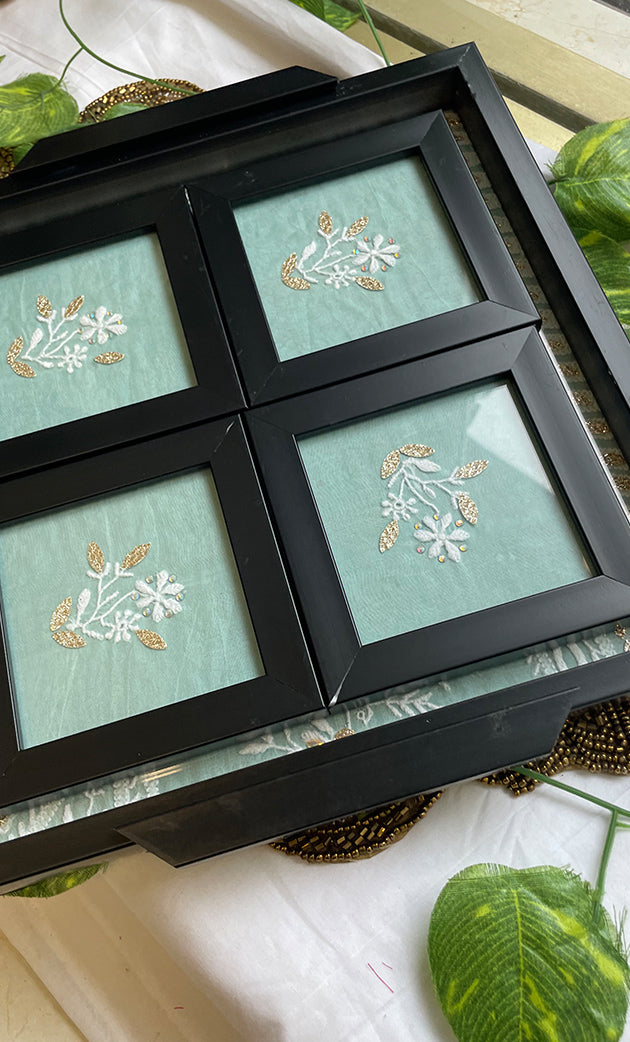 Handcrafted Chikankari Embroidered Wooden Coaster Set – (Set of 4) - HONC0313520
