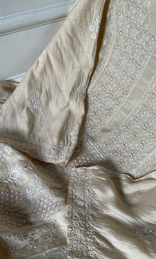 Women's Lakhnavi Handcrafted Munga Silk Semi - Stitched Chikankari Kurta And Dupatta Set- HONC0246918