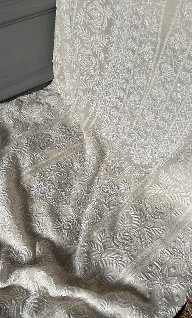 Women's Lakhnavi Handcrafted Pure Silk Georgette Chikankari Kurta And Dupatta Set- HONC0282006