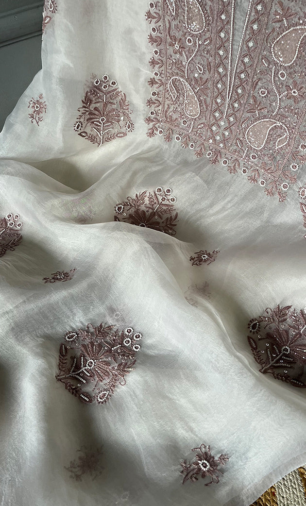 Women's Lakhnavi Handcrafted Pure Organza Chikankari Unstitched Kurta And Dupatta Set- HONC0305184