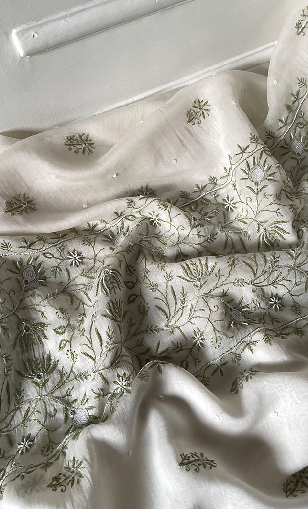 Women's Lakhnavi Handcrafted Unstitched Mul Chanderi Kurta And Dupatta Set - HONC0327487