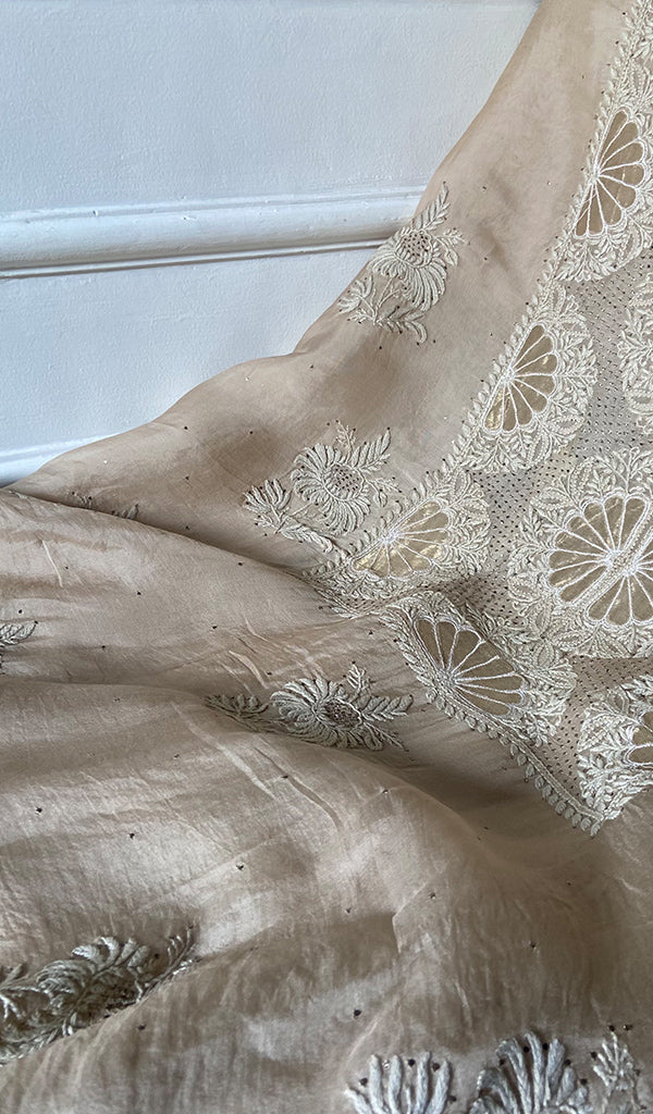 Women's Lakhnavi Handcrafted Pure Organza Chikankari Unstitched Kurta And Dupatta Set- HONC0341960