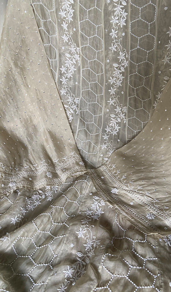 Women's Lucknowi Handcrafted Pure Organza Silk Chikankari Semi - stitched Anarkali Dupatta Set- HONC0362220