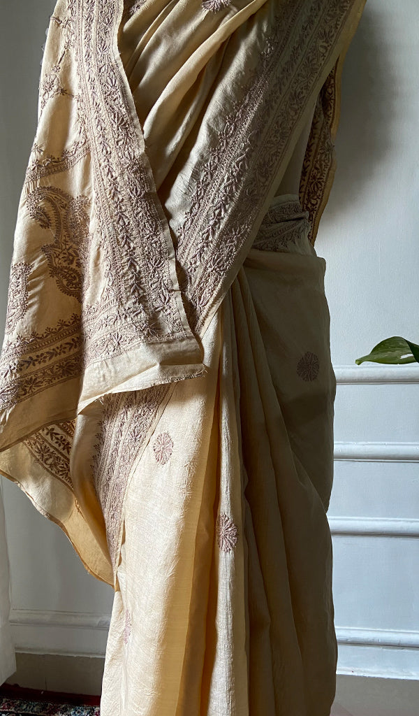 Women's Lakhnavi Handcrafted Tussar Silk Chikankari Saree - HONC0342570