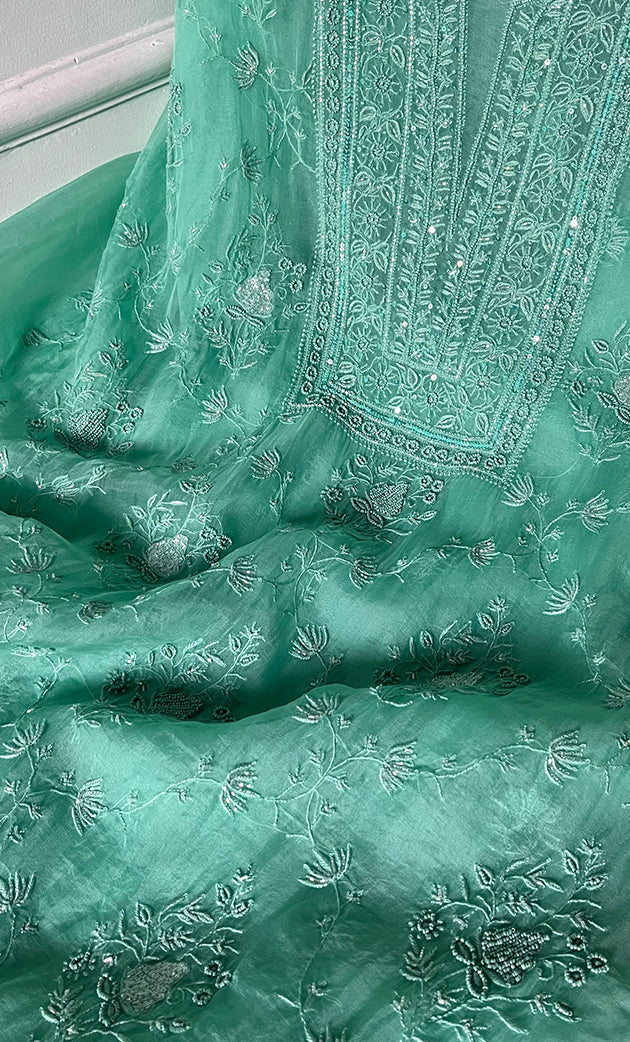 Women's Lakhnavi Handcrafted Pure Organza Chikankari Unstitched Kurta And Dupatta Set- HONC029556