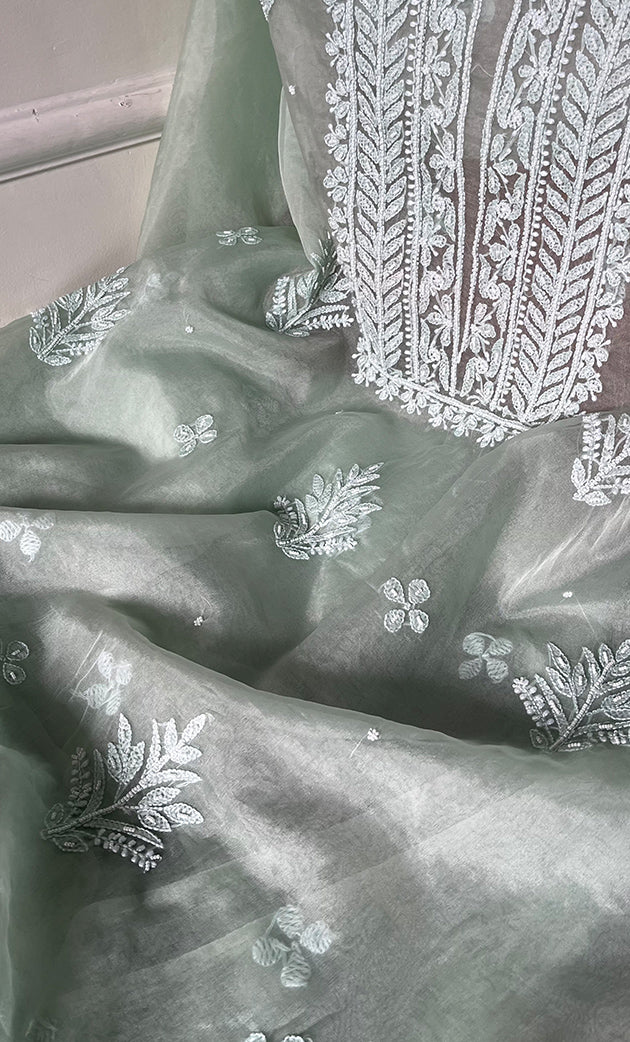 Women's Lakhnavi Handcrafted Organza Chikankari Unstitched Full Suit Material - HONC0287040