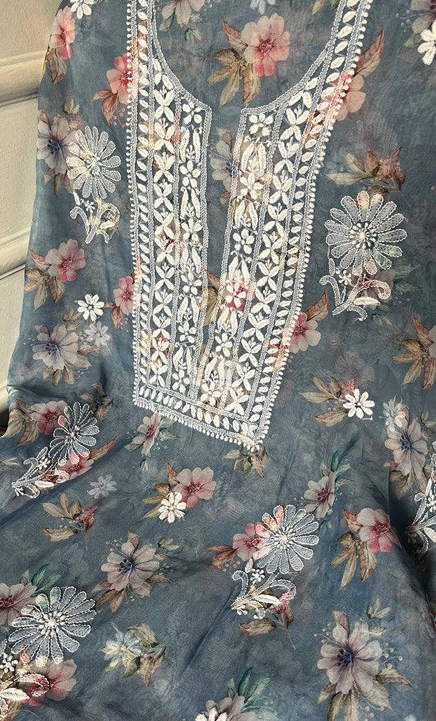 Disha Women's Lakhnavi Handcrafted Organza Chikankari Unstitched Kurti Fabric - HONC0332154