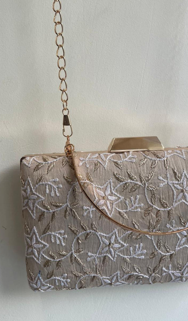Beige Chikankari Embroidered Clutch - HONC0377323