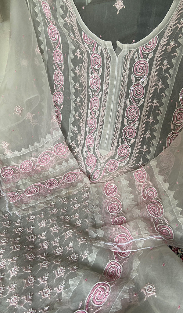 Women's Lucknowi Handcrafted Pure Organza Silk Chikankari Semi- stitched Kurta Dupatta Set- HONC0359785