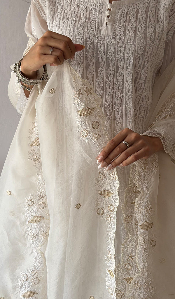 Women's Lucknowi Handcrafted Pure Organza Silk Chikankari Dupatta - HONC0380139