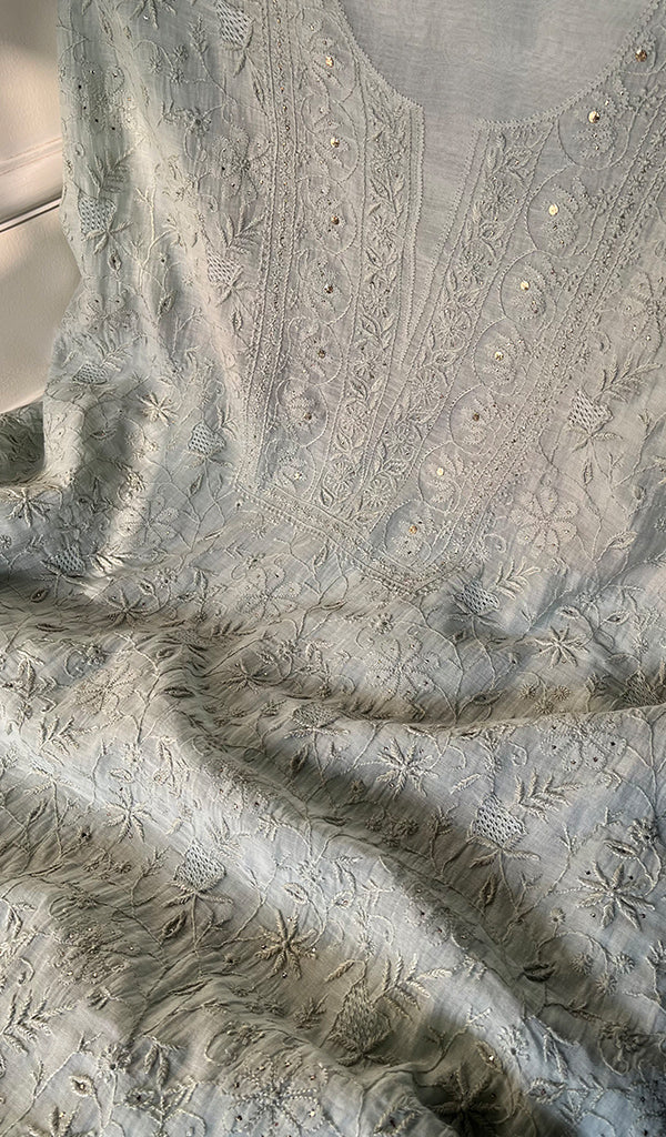 Women's Lakhnavi Handcrafted Mul Chanderi Chikankari Full Suit Material - HONC0270736